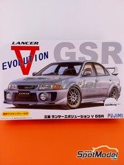 Fujimi: Car scale model kit 1/24 scale - Mitsubishi Lancer Evolution V GSR - paint masks, plastic parts, rubber parts, water slide decals, assembly instructions and painting instructions