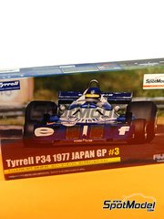 Fujimi: Car scale model kit 1/20 scale - Tyrrell Ford P34 Six Wheels Tyrrell Racing Team sponsored by First National City #3 - Ronnie Peterson (SE) - Japanese Formula 1 Grand Prix 1977 - plastic parts, rubber parts, water slide decals and assembly instructions