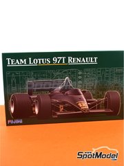Fujimi: Car scale model kit 1/20 scale - Lotus Renault 97T Lotus Team sponsored by Olympus #11, 12 - Elio de Angelis (IT), Ayrton Senna da Silva (BR) - Portuguese Formula 1 Grand Prix 1985 - plastic parts, rubber parts, water slide decals, assembly instructions, painting instructions and does NOT include tobacco sponsor decals