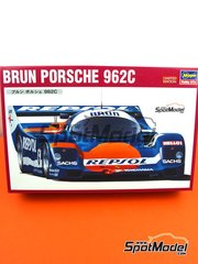 Hasegawa: Car scale model kit 1/24 scale - Porsche 962C Brun Motorsport Team sponsored by Repsol #6 - Walter Brun (CH) + Jesús Pareja (ES) - FIA World Sports-Prototype Championship (WSPC) 1988 - plastic parts, rubber parts, water slide decals, assembly instructions and painting instructions image