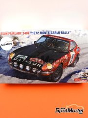 Hasegawa: Car scale model kit 1/24 scale - Datsun Fairlady 240Z sponsored by Nissan Motors #5 - Rauno Aaltonen (FI) + Jean Todt (FR) - Monte Carlo Rally - Rallye Automobile de Monte-Carlo 1972 - plastic parts, rubber parts, water slide decals, other materials, assembly instructions and painting instructions image