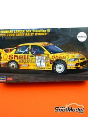 Hasegawa: Car scale model kit 1/24 scale - Mitsubishi Lancer GSR Evolution III Mitsubishi Ralliart Team sponsored by Shell #1 - Tommi Mäkinen (FI) + Seppo Harjanne (FI) - 1000 Lakes Finland Rally 1995 - paint masks, photo-etched parts, plastic parts, rubber parts, water slide decals, other materials, assembly instructions and painting instructions image