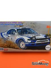 Hasegawa: Car scale model kit 1/24 scale - Toyota Celica Turbo 4WD Victory Rally Dubai Team #5 - Suhail Bin Khalifa Al-Maktoum (AE) + Ahmad Malik (AE) - Qatar International Rally  1994 - photo-etched parts, plastic parts, rubber parts, water slide decals, other materials, assembly instructions and painting instructions