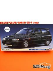Hasegawa: Car scale model kit 1/24 scale - Nissan Sunny - Pulsar RNN14 GTI-R 1990 - paint masks, plastic parts, rubber parts, water slide decals and assembly instructions image