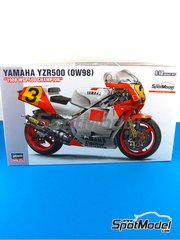 Hasegawa: Motorbike scale model kit 1/12 scale - Yamaha YZR500 OW98 Yamaha-Agostini Team sponsored by Marlboro #3, 12 - Eddie Lawson (US), Didier de Radigues (BE) - Motorcycle World Championship 1988 - metal parts, plastic parts, rubber parts, water slide decals, other materials, assembly instructions and does NOT include tobacco sponsor decals image