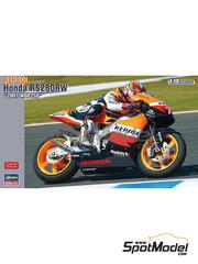 Hasegawa: Motorbike scale model kit 1/12 scale - Honda RS250RW sponsored by Repsol #60, 73 - Julian Sim&oacute;n (ES) + Shuhei Aoyama (JP) - 250cc Motorcycle World Championship 2007 - plastic parts, rubber parts, water slide decals, assembly instructions and painting instructions image