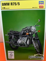 Hasegawa: Motorbike scale model kit 1/10 scale - BMW R75/5 - plastic parts, rubber parts, water slide decals, assembly instructions and painting instructions