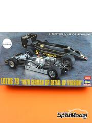 Hasegawa: Car scale model kit 1/20 scale - Lotus Ford Type 79 Lotus Team sponsored by Olympus #5, 6 - Mario Andretti (US), Ronnie Peterson (SE) - German Formula 1 Grand Prix 1978 - photo-etched parts, plastic parts, rubber parts, water slide decals, assembly instructions, painting instructions and does NOT include tobacco sponsor decals