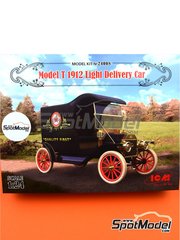 ICM: Car scale model kit 1/24 scale - Ford Model T Light Delivery Car sponsored by Texaco 1912 - plastic parts, rubber parts, water slide decals, assembly instructions and painting instructions
