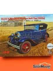 ICM: Car scale model kit 1/24 scale - Ford Model A Standard Phaeton Soft Top 1930 - plastic parts, rubber parts, water slide decals, assembly instructions and painting instructions