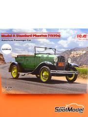 ICM: Car scale model kit 1/24 scale - Ford Model A Standard Phaeton 1930 - plastic parts, rubber parts, water slide decals, assembly instructions and painting instructions
