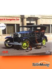 ICM: Car scale model kit 1/24 scale - Ford A Ganster Car - plastic parts, rubber parts, water slide decals, assembly instructions and painting instructions