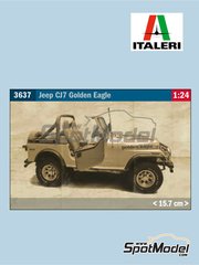 Italeri: Car scale model kit 1/24 scale - Jeep CJ7 sponsored by Golden Eagle - plastic parts, rubber parts, water slide decals, assembly instructions and painting instructions image