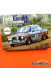 Italeri: Car scale model kit 1/24 scale - Ford Escort Mk. II RS1800 sponsored by Rothmans #2 - Ari Vatanen (FI) + David Richards (GB) - Lombard RAC Rally 1981 - plastic parts, rubber parts, water slide decals and assembly instructions - for Italeri references 3650, IT3650, ITA3650 and 3655, or Revell references REV07374 and 7374 image