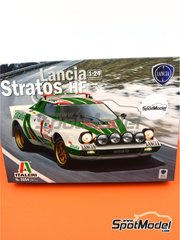 Italeri: Car scale model kit 1/24 scale - Lancia Stratos HF sponsored by Alitalia #1 - Sandro Munari (IT) + Silvio Maiga (IT) - Monte Carlo Rally - Rallye Automobile de Monte-Carlo 1977 - plastic parts, rubber parts, water slide decals and assembly instructions image