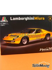 Italeri: Car scale model kit 1/24 scale - Lamborghini Miura - plastic parts, rubber parts, water slide decals, other materials, assembly instructions and painting instructions image