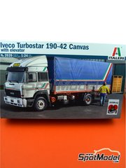 Italeri: Rigid truck scale model kit 1/24 scale - Iveco Turbostar 190.42 Canvas with elevator - plastic parts, rubber parts, water slide decals, assembly instructions and painting instructions image
