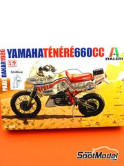 Italeri: Motorbike scale model kit 1/9 scale - Yamaha Tenere 600cc sponsored by Europe Assistance #82, 83, 84 - Marinoni Giampaolo (IT), Picco Franco (IT), Findanno Gianpiero (IT) - Paris Dakar Rally 1986 - metal parts, plastic parts, rubber parts, water slide decals, assembly instructions and painting instructions
