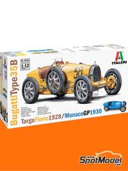Italeri: Maqueta de coche escala 1/12 - Bugatti Type 35B N 22, 58 - Ren Dreyfus (FR), Eliska "Elisabeth Junek" Junkov (CZ) - Targa Florio, Gran Premio de Mnaco 1928 y 1930 - piezas de metal, mscaras de pintura, fotograbados, piezas de plstico, piezas de goma, calcas de agua, otros materiales, manual de instrucciones e instrucciones de pintado