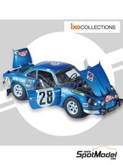 Ixo Collections: Car scale model kit 1/8 scale - Alpine A110 1600 S sponsored by Cibie, Elf #9, 22, 28 - Jean-Luc Th�rier (FR) + Marcel Callewaert (FR), Jean-Claude Andruet (FR) + Michel Vial (FR), Ove Andersson (SE) + David Stone (GB) - Monte Carlo Rally - Rallye Automobile de Monte-Carlo 1971 - metal parts, plastic parts, rubber parts, other materials and assembly instructions