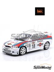 Ixo Models: Diecast model car 1/18 scale - Ford Escort WRC Jolly Club Team sponsored by Martini #18 - Gianfranco Cunico (IT) + Luigi Pirollo (IT) - Sanremo Rally 1998 - metal parts, plastic parts and rubber parts