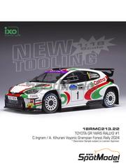 Ixo Models: Diecast model car 1/18 scale - Toyota GR Yaris Rally2 sponsored by Castrol #1 - Chris Ingram (GB) + Alexander Kihurani (US) - Grampian Forest Rally 2024 - metal parts, plastic parts and rubber parts image