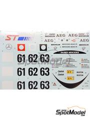 Khaled Models: Decoraci�n escala 1/24 - Sauber Mercedes C9 patrocinado por AEG N� 61, 62, 63 - Mauro Baldi (IT) + Gianfranco Brancatelli (IT) + Kenneth 'Kenny' Acheson (GB), Jean-Pierre Jabouille (FR) + Jean-Louis Schlesser (FR) + Alain Cudini (FR), Jochen Mass (DE) + Manuel Reuter (DE) + Stanley Dickens (SE) - 24 Horas de Le Mans 1989 - calcas de agua - para las referencias de Tamiya TAM24091 y TAM24359