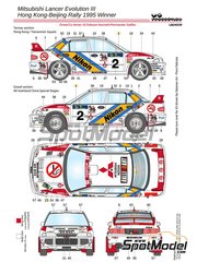 LB Production: Marking / livery 1/24 scale - Mitsubishi Lancer Evo III Mitsubishi Ralliart Team sponsored by Nikon Marlboro #2, 3 - Kenneth Eriksson (SE) + Staffan Parmander (SE), Ari Vatanen (FI) + Fabrizia Pons (IT) - Hong Kong - Beijing Rally 1995 - water slide decals, assembly instructions and tobacco sponsor decals - for Fujimi reference FJ03917, or Hasegawa references 20365, 20386, hsg20386, 20407, 20510, 20560, 20625, HAS-20625, 25020 and 25021