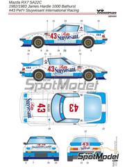 LB Production: Marking / livery 1/24 scale - Mazda Savanna RX-7 (SA22C) sponsored by Peter Stuyvesant #43 - Allan Moffat (AU) + Yoshimi Katayama (JP) - Bathurst 1000 Km 1982 and 1983 - water slide decals, placement instructions and painting instructions - for Hasegawa references 20587, 21146 and HC46