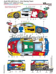 LB Production: Decoracin escala 1/24 - Audi R8 LMS GT3 Evo II Equipo Uno Racing patrocinado por Tarmac Works N 72 - Adderly Cheun Yue Fong (HK) - Galaxy Entertainment Macau GT Cup  2022 - calcas de agua e instrucciones de colocacin - para las referencias de Nunu PN24026 y NU24026