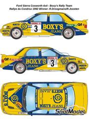 LB Production: Decoracin escala 1/24 - Ford Sierra Cosworth 4x4 Grupo A patrocinado por Boxy's Jeans N 3 - Robert Droogmans (BE) + Ronny Joosten (BE) - Rally Condroz de Blgica - Rallye du Condroz 1992 - calcas de agua e instrucciones de colocacin - para las referencias de D.Modelkits DM-K001 y DM-K002