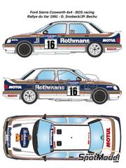 LB Production: Decoracin escala 1/24 - Ford Sierra Cosworth 4x4 Grupo A Equipo BOS Racing patrocinado por Rothmans N 16 - Dany Snobek (FR) + Jean-Pierre Bechu (FR) - Rally Du Var 1991 - calcas de agua, instrucciones de colocacin y calcas de sponsors de tabaco - para las referencias de D.Modelkits DM-K001 y DM-K002