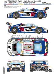 LB Production: Marking / livery 1/24 scale - Audi R8 LMS GT3 Evo II UNO Racing Team sponsored by Tarmac Works #30 - James Yu (CN) - Macau FIA GT World Cup Championship 2024 - water slide decals and placement instructions - for Meng Model references CS-009 and CS-011