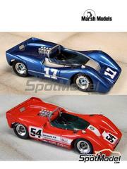 Marsh Models: Car scale model kit 1/43 scale - McLaren M6B Hollywood Sports Cars, McCaig Racing Team sponsored by Greene Sales, Auto World XLR #17, 28, 54, 55 - Jerry Titus (US), Dick Brown (US), Oscar Koveleski (US), John Cordts (CA) - Can-Am Canadian-American Challenge Cup 1968 and 1969 - photo-etched parts, resin parts, turned metal parts, water slide decals, white metal parts, other materials and assembly instructions image