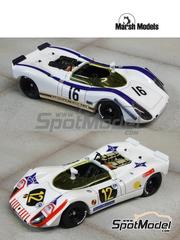 Marsh Models: Car scale model kit 1/43 scale - Porsche 908/2 sponsored by CS #1, 12, 16 - Jochen Rindt (AT) + Alex Soler-Roig (ES), Jochen Rindt (AT), Leo Kinnunen (FI) - 1000 Kms Buenos Aires, Jarama 6 Hours, Nordic Challenge Keimola 1969 and 1970 - photo-etched parts, resin parts, turned metal parts, water slide decals, white metal parts, other materials and assembly instructions image