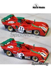 Marsh Models: Car scale model kit 1/43 scale - Ferrari 312PB Ferrari SEFAC SPA Team #2, 11 - Carlos Pace (BR) + Arturo Merzario (IT) - N&uuml;rburgring 1000 Kilometres, Watkins Glen 6 Hours, Zeltweg 1000 Kilometres 1973 - photo-etched parts, resin parts, turned metal parts, water slide decals, white metal parts, other materials and assembly instructions image
