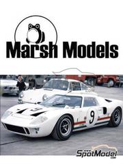 Marsh Models: Car scale model kit 1/43 scale - Ford GT40 Brescia Racing Corse, Essex Wire Team #9, 21, 22, 91, 92 - Umberto Maglioli (IT) + Mario Casoni (IT), Innes Ireland (GB) + Peter Sutcliffe (GB), William Wonder (US) + Bob Brown (US), Dick Thompson (US) + Skip Scott (US) + Peter Revson (US), Masten Gregory (US) + Ed Lowther (US) + Peter Revson (US), Ken Miles (US) - 12 Hours Sebring, 24 Hours of Daytona, Riverside 200 Miles 1965, 1966 and 1967 - photo-etched parts, resin parts, turned metal parts, water slide decals, white metal parts, other materials and assembly instructions