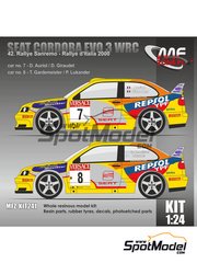 Mf-zone: Car scale model kit 1/24 scale - Seat Cordoba EVO 3 WRC sponsored by Repsol YPF #7, 8 - Didier Auriol (FR) + Denis Giraudet (FR), Toni Gardemeister (FI) + Paavo Lukander (FI) - Rally de Italia Sardegna 2000 - photo-etched parts, resin parts, rubber parts, vacuum formed parts and water slide decals image