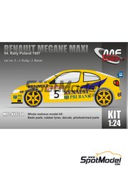 Mf-zone: Car scale model kit 1/24 scale - Renault Megane Maxi sponsored by PBI Bank #5 - Janusz Kulig (PL) + Jaroslaw Baran (PL) - Rally Poland 1997 - photo-etched parts, resin parts, rubber parts, vacuum formed parts, water slide decals and assembly instructions