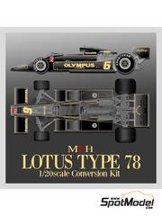Model Factory Hiro: Transkit 1/20 scale - Lotus Ford Type 78 John Player Lotus Team sponsored by Olympus, Valvoline #5, 6 - Mario Andretti (US), Ronnie Peterson (SE) - Italian Formula 1 Grand Prix 1978 - metal parts, photo-etched parts, resin parts, seatbelt fabric, water slide decals, white metal parts, other materials and assembly instructions - for Tamiya reference TAM20065