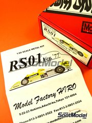 Model Factory Hiro: Car scale model kit 1/20 scale - Renault RS01 Turbo Renault F1 Team sponsored by ELF #15 - Jean-Pierre Jabouille (FR) - FIA Formula 1 World Championship 1977 - CNC metal parts, assembly instructions, metal parts, photo-etched parts, rubber parts, seatbelt fabric, turned metal parts, water slide decals and white metal parts image
