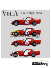 Model Factory Hiro: Car scale model kit 1/24 scale - Alfa Romeo Giulia TZ2 #114, 124, 126, 130 - Teodore Zeccoli (IT) + Giacomo 'Geki' Russo (IT), Alessandro Federico (IT) + Romano 'Shangri-La' Martini (IT), Enrico Pinto (IT) + Nino Todaro (IT), Lucien Bianchi (BE) + Roberto Bussinello (IT) - Targa Florio 1966 - photo-etched parts, resin parts, rubber parts, seatbelt fabric, vacuum formed parts, water slide decals, white metal parts, assembly instructions and painting instructions