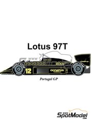 Model Factory Hiro: Car scale model kit 1/20 scale - Lotus Renault 97T Lotus Team Team sponsored by John Player Special #11, 12 - Ayrton Senna da Silva (BR), Elio de Angelis (IT) - Portuguese Formula 1 Grand Prix 1985 - metal parts, photo-etched parts, resin parts, rubber parts, seatbelt fabric, turned metal parts, water slide decals, white metal parts, assembly instructions, painting instructions and tobacco sponsor decals