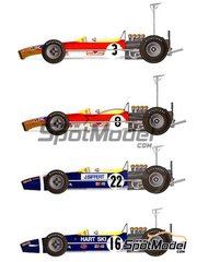 Model Factory Hiro: Car scale model kit 1/20 scale - Lotus 49B MK II Works High wing Lotus Team sponsored by Gold Leaf #3, 8, 16, 22 - Graham Hill (GB), Joseph 'Jo' Siffert (CH), Rob Walker (GB) - German Formula 1 Grand Prix 1968