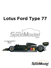 Model Factory Hiro: Car scale model kit 1/20 scale - Lotus Ford Type 77 Lotus Team sponsored by John Player Special #5, 6 - Mario Andretti (US), Gunnar Nilsson (SE) - Japanese Formula 1 Grand Prix 1976 - metal parts, photo-etched parts, resin parts, rubber parts, seatbelt fabric, turned metal parts, vacuum formed parts, water slide decals, white metal parts, other materials and assembly instructions image