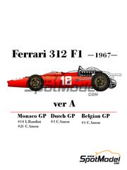 Model Factory Hiro: Car scale model kit 1/20 scale - Ferrari 312 F1 version A #1, 3, 18, 20 - Chris Amon (NZ), Lorenzo Bandini (IT) - German Formula 1 Grand Prix, Belgian Formula 1 Grand Prix, Dutch Formula 1 Grand Prix 1967