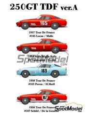 Model Factory Hiro: Car scale model kit 1/24 scale - Ferrari 250GT TDF #1, 163, 165, 167 - Luigi Taramazzo (IT) + Giovanni Gerino (IT), Jacques Péron (FR) + Harry Schell (US), Jean Lucas (FR) + Jean-François Malle (FR), Jean-Pierre Schild (CH) + Roger de Lageneste (FR) - Mille Miglia, Tour de France Automobile 1957 and 1958 - metal parts, photo-etched parts, resin parts, rubber parts, turned metal parts, vacuum formed parts, water slide decals, white metal parts, other materials and assembly instructions image
