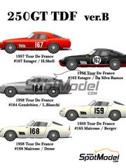 Model Factory Hiro: Car scale model kit 1/24 scale - Ferrari 250GT TDF #159, 162, 164, 167, 168 - Georges Berger (BE) + Willy Mairesse (BE), Hermano da Silva Ramos (BR) + Jean Estager (FR), Olivier Gendebien (BE) + Lucien Bianchi (BE), Jean Estager (FR) + Harry Schell (US), Willy Mairesse (BE) + Maurice Desse (FR) - Tour de France Automobile 1957, 1958 and 1959 - metal parts, photo-etched parts, resin parts, rubber parts, turned metal parts, vacuum formed parts, water slide decals, white metal parts, other materials and assembly instructions image