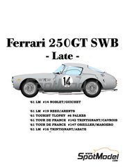 Model Factory Hiro: Car scale model kit 1/24 scale - Ferrari 250GT SWB Late #14, 19, 6, 142, 147 - Pierre Noblet (BE) + Jean Guichet (FR), George Reed (US) + George Arents (US), Michael Johnson 'Mike' Parkes (GB) + Willy Mairesse (BE) - 24 Hours Le Mans, Tour de France Automobile - Tour de Corse, RAC Tourist Trophy 1961 - metal parts, photo-etched parts, resin parts, rubber parts, seatbelt fabric, turned metal parts, vacuum formed parts, water slide decals, white metal parts, other materials and assembly instructions image
