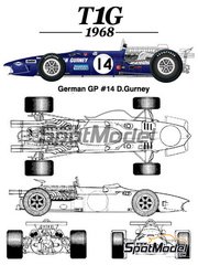 Model Factory Hiro: Car scale model kit 1/20 scale - Angle-American Eagle T1G #14 - Dan Gurney (US) - German Formula 1 Grand Prix 1968 - photo-etched parts, rubber parts, seatbelt fabric, water slide decals, white metal parts, assembly instructions and painting instructions